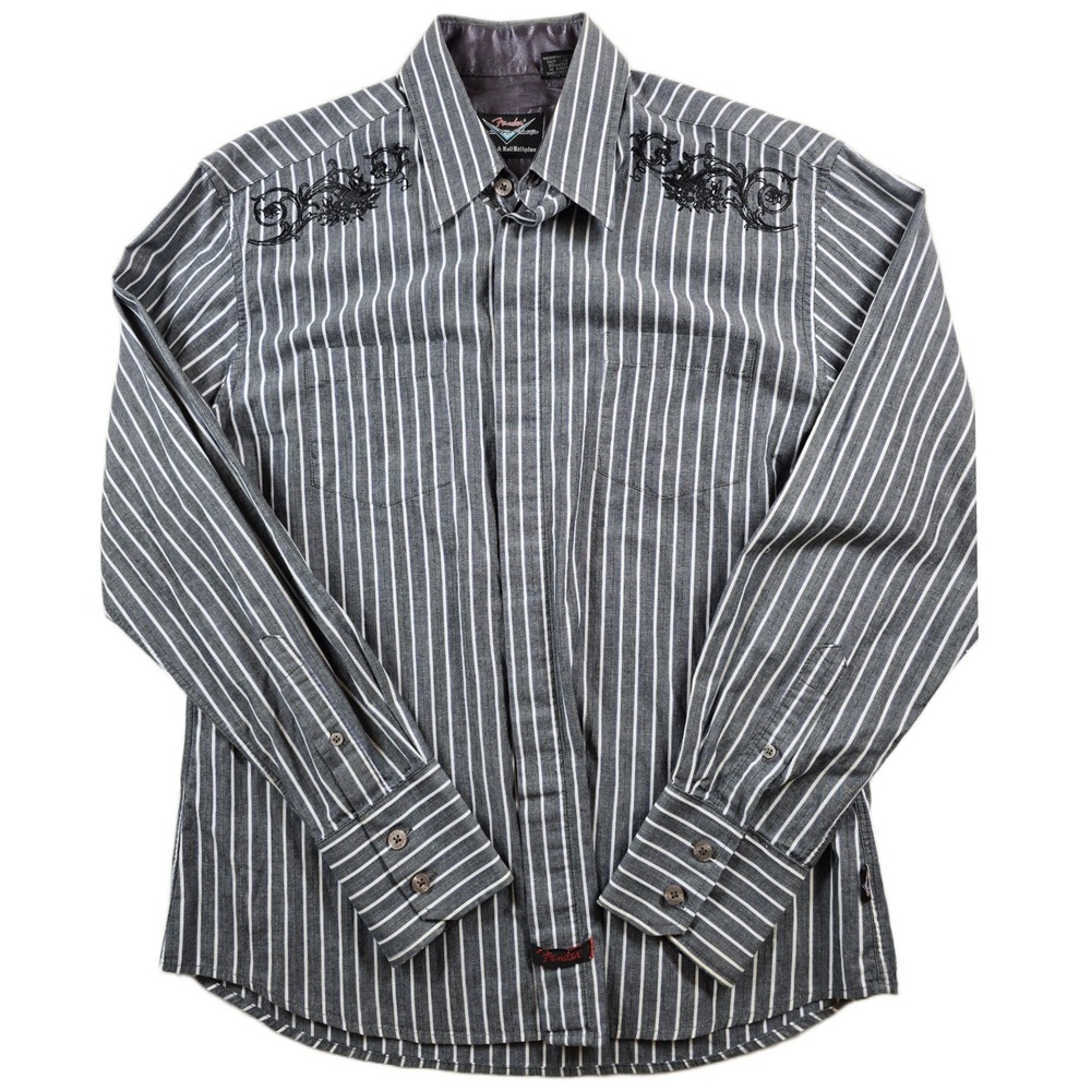 Fender Custom Shop Shirt Mens Medium Striped Embroidered Rock & Roll Religion